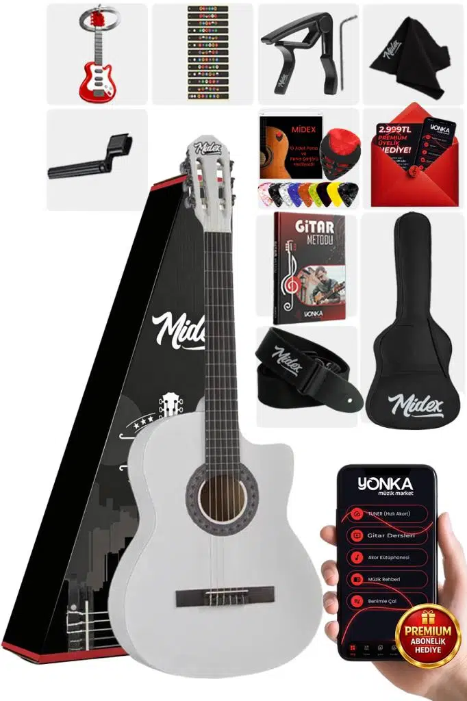 Midex CG-395WH Beyaz Renk Kesik Klasik Gitar 4/4 Yetişkin Boy Sap Ayarlı Full Set