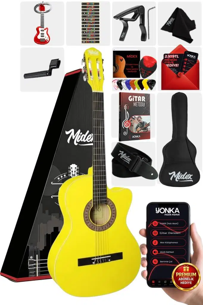 Midex CG-395YLW Klasik Gitar 4/4 Sap Ayarlı Kesik Kasa Full Set (Çanta Askı Metod Pena)