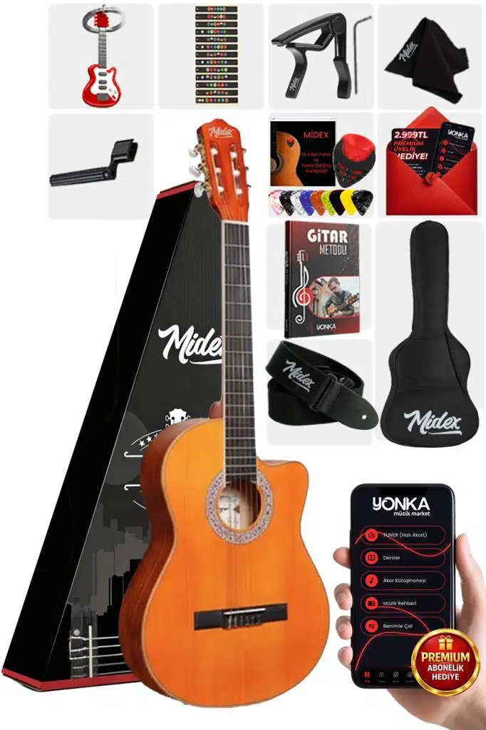 Midex CG-395YLX Klasik Gitar 4/4 Kesik Kasa Full Set (Çanta Askı Metod Pena)