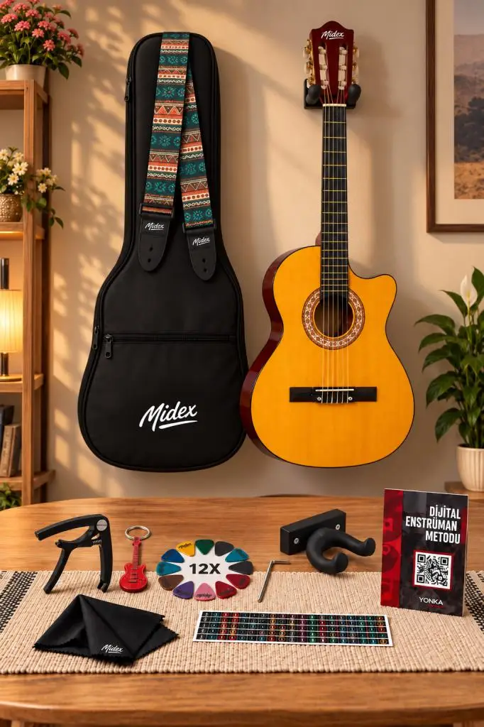 Midex CG-395YLX Klasik Gitar 4/4 Kesik Kasa Full Set (Çanta Askı Metod Pena)