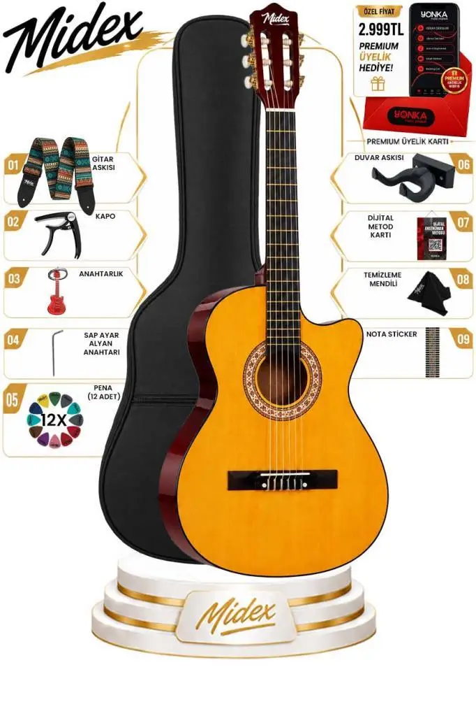 Midex CG-395YLX Klasik Gitar 4/4 Kesik Kasa Full Set (Çanta Askı Metod Pena)