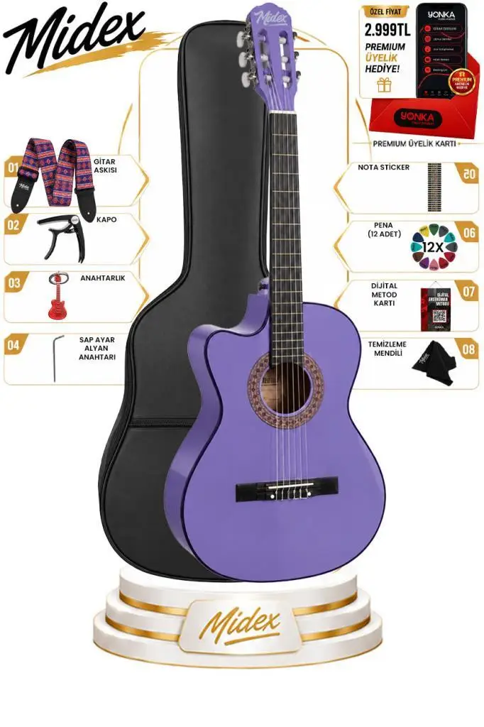 Midex CG-396PU SOLAK Klasik Gitar Lila Renk Full Set Sap Ayarlı 4/4 yetişkin Boy