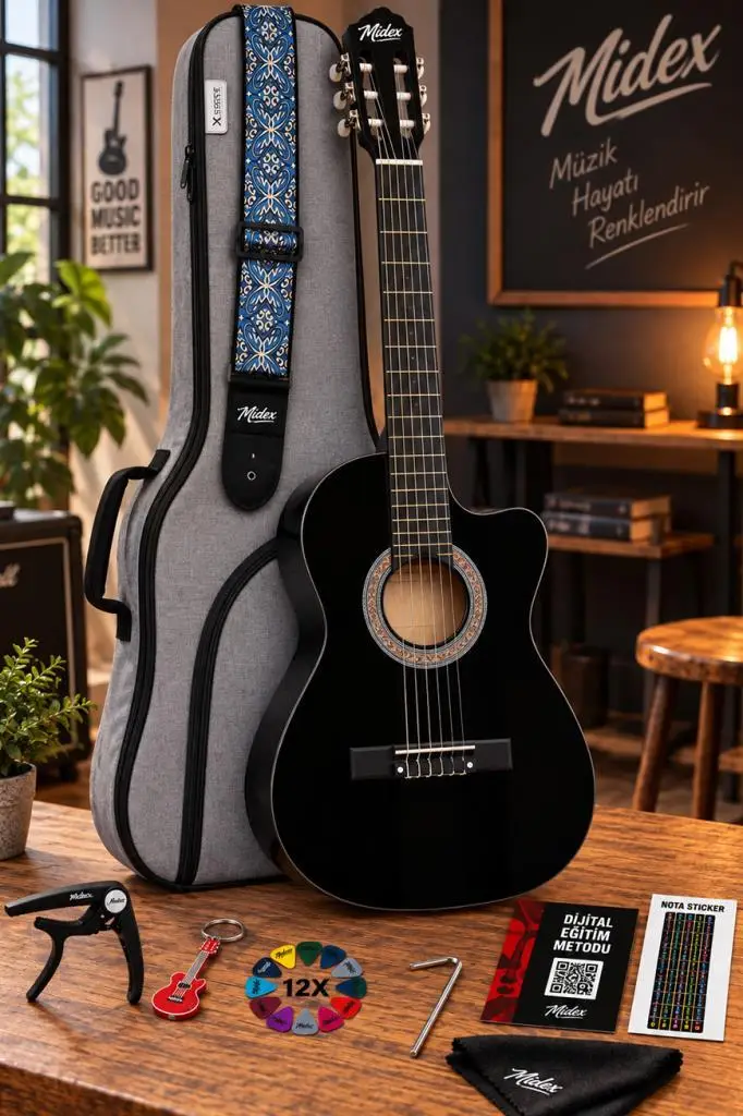 Midex CG-39CS Gigbag ve Full Aksesuar Siyah Klasik Gitar 4/4 Sap Ayarlı Kesik Kasa