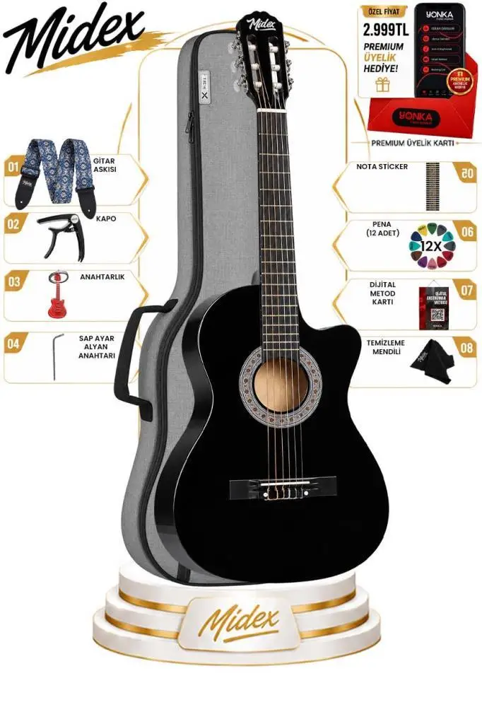 Midex CG-39CS Gigbag ve Full Aksesuar Siyah Klasik Gitar 4/4 Sap Ayarlı Kesik Kasa