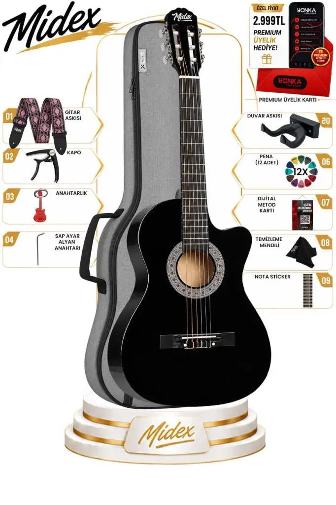 Midex CG-39X-CS Siyah Klasik Gitar 4/4 Kesik Kasa Sap Ayarlı (Gigbag Tuner Askı Capo Pena Metod)