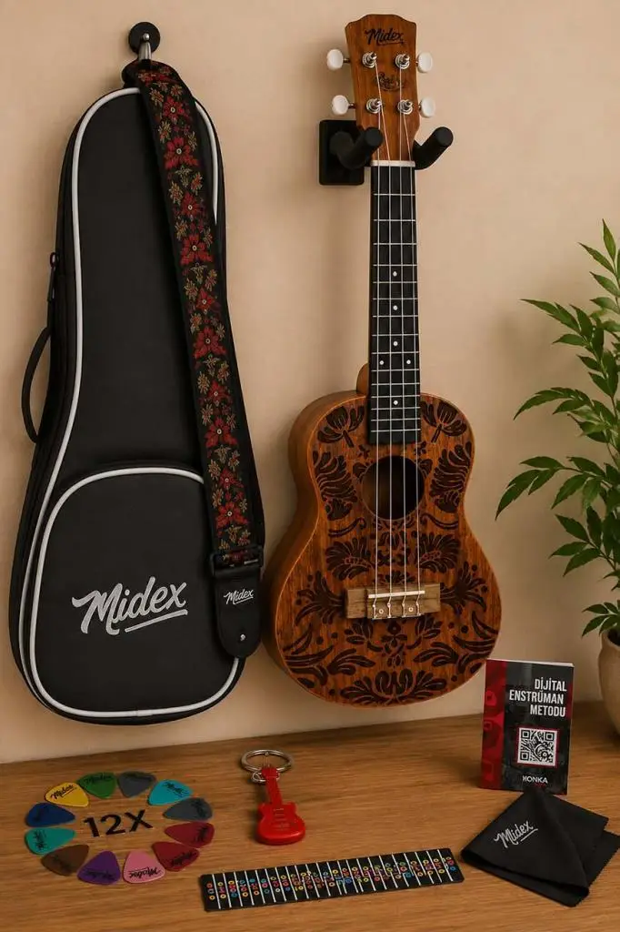 Midex CNT-245MT Kaliteli Dövme Desenli Maun Ağacı Concert Ukulele Seti