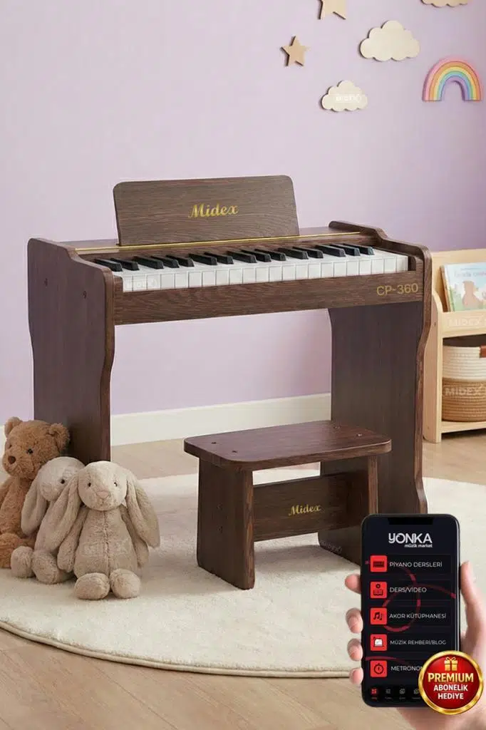 Midex CP-360C Ahşap Çocuk Piyanosu Pilli 37 Tuşlu Gerçek Piyano Tuşları