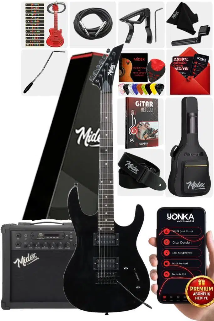 Midex Crade-25AMP Black Rosewood Super Strat Kasa HH Yüksek Kaliteli 25W Amfili Elektro Gitar Seti