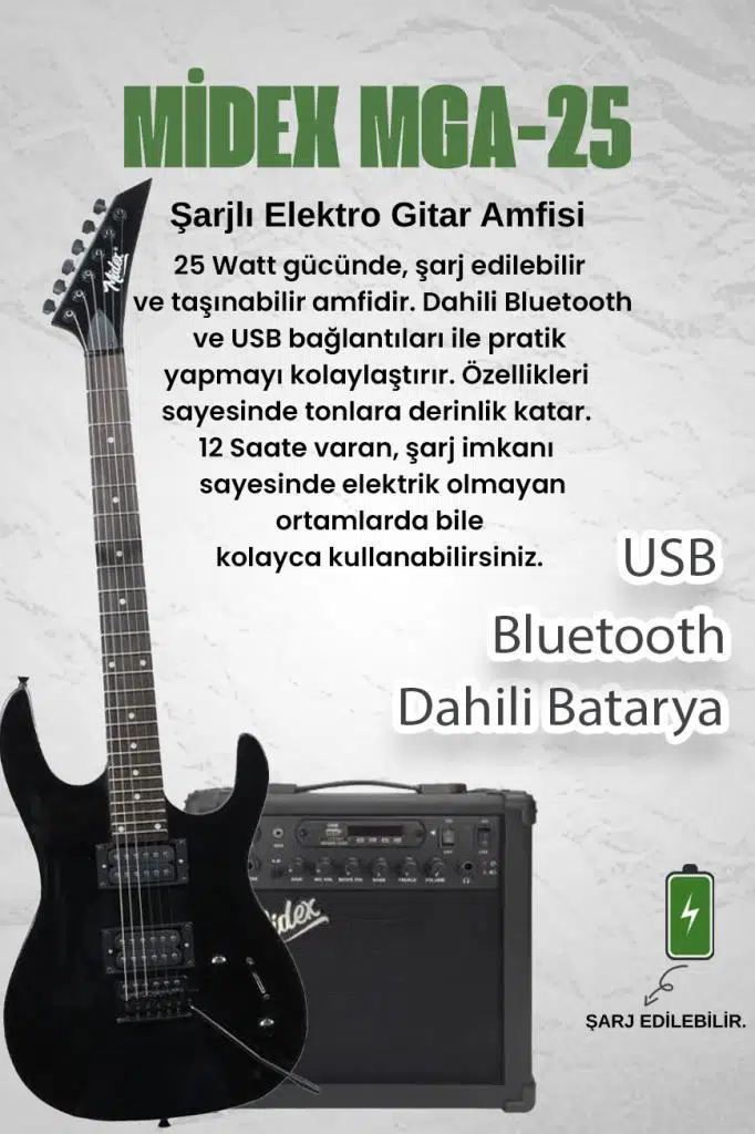 Midex Crade-25AMP Black Rosewood Super Strat Kasa HH Yüksek Kaliteli 25W Amfili Elektro Gitar Seti