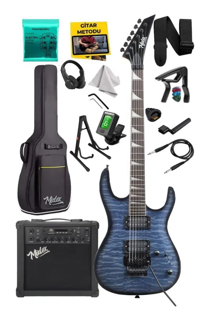 Midex Crade-25AMP Blue Rosewood Super Strat Kasa HH Yüksek Kaliteli 25W Amfili Elektro Gitar Seti Midex Crade-25AMP Blue Rosewood Super Strat Kasa HH Yüksek Kaliteli 25W Amfili Elektro Gitar Seti