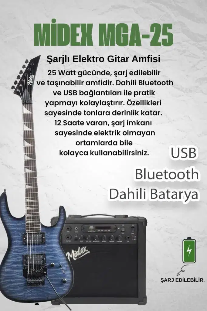 Midex Crade-25AMP Blue Rosewood Super Strat Kasa HH Yüksek Kaliteli 25W Amfili Elektro Gitar Seti