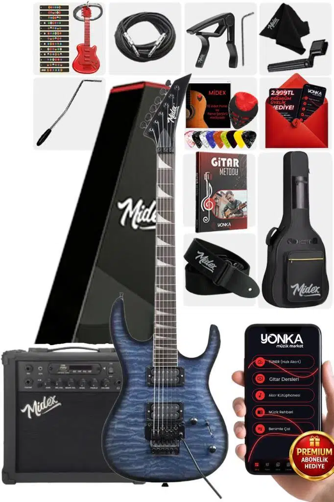 Midex Crade-25AMP Blue Rosewood Super Strat Kasa HH Yüksek Kaliteli 25W Amfili Elektro Gitar Seti Midex Crade-25AMP Blue Rosewood Super Strat Kasa HH Yüksek Kaliteli 25W Amfili Elektro Gitar Seti