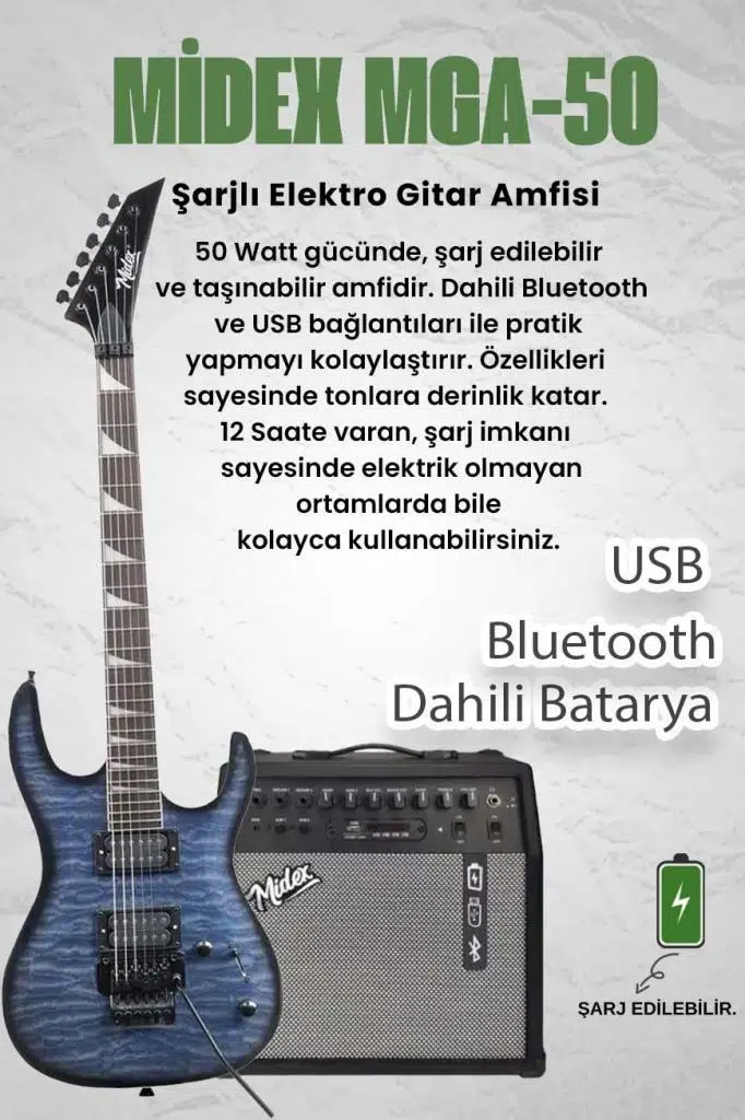 Midex Crade-50AMP Blue Rosewood Super Strat Kasa HH Yüksek Kaliteli 50W Amfili Elektro Gitar Seti