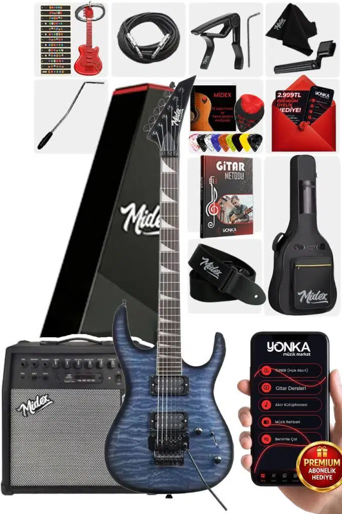 Midex Crade-50AMP Blue Rosewood Super Strat Kasa HH Yüksek Kaliteli 50W Amfili Elektro Gitar Seti Midex Crade-50AMP Blue Rosewood Super Strat Kasa HH Yüksek Kaliteli 50W Amfili Elektro Gitar Seti