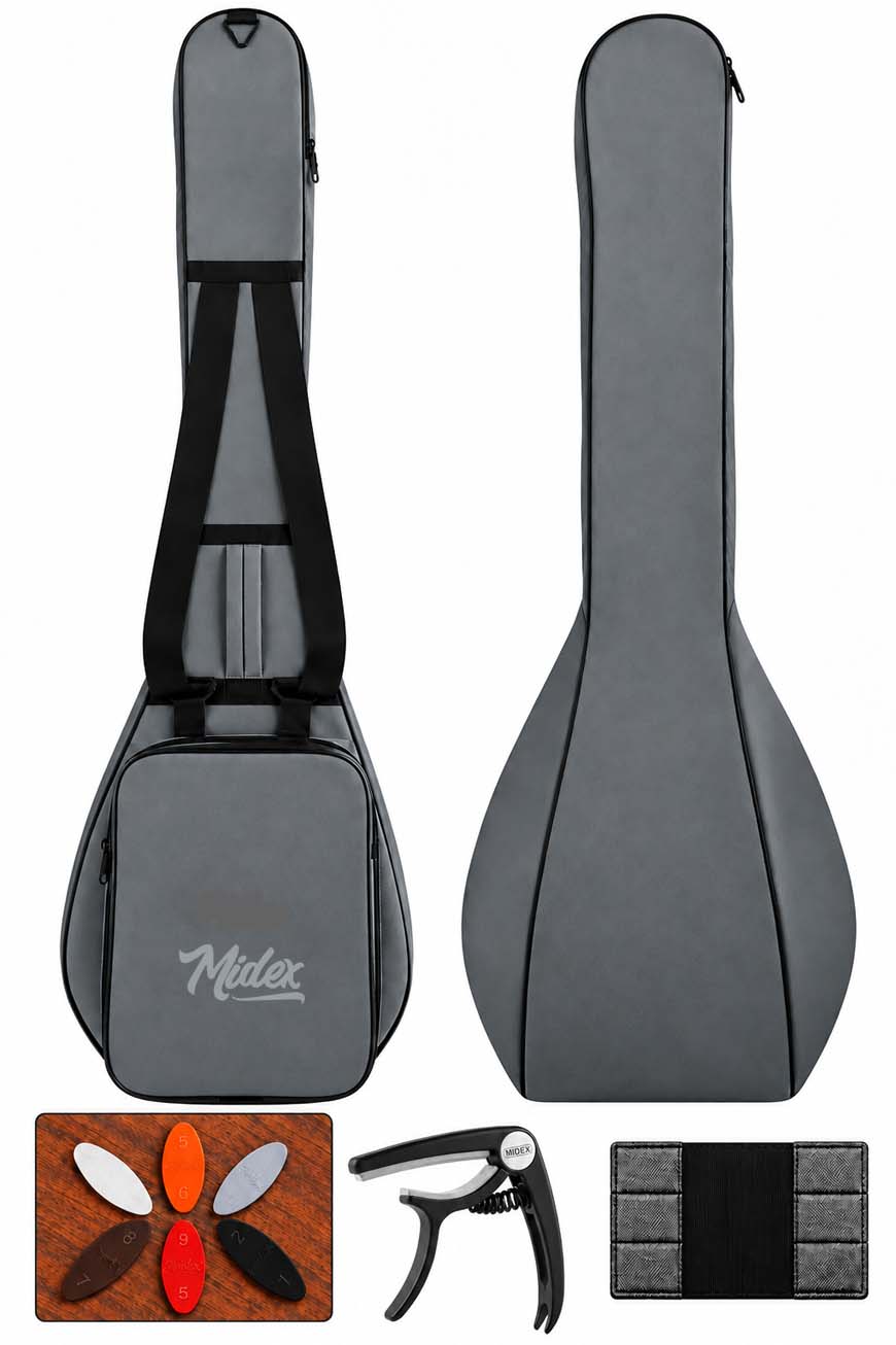 Midex CS-122 Uzun Sap Saz Bağlama Gigbag Çantası Kılıfı Kalın Soft Case (Kapo + 6 Adet Mızrap + Mızrap Cüzdanı)