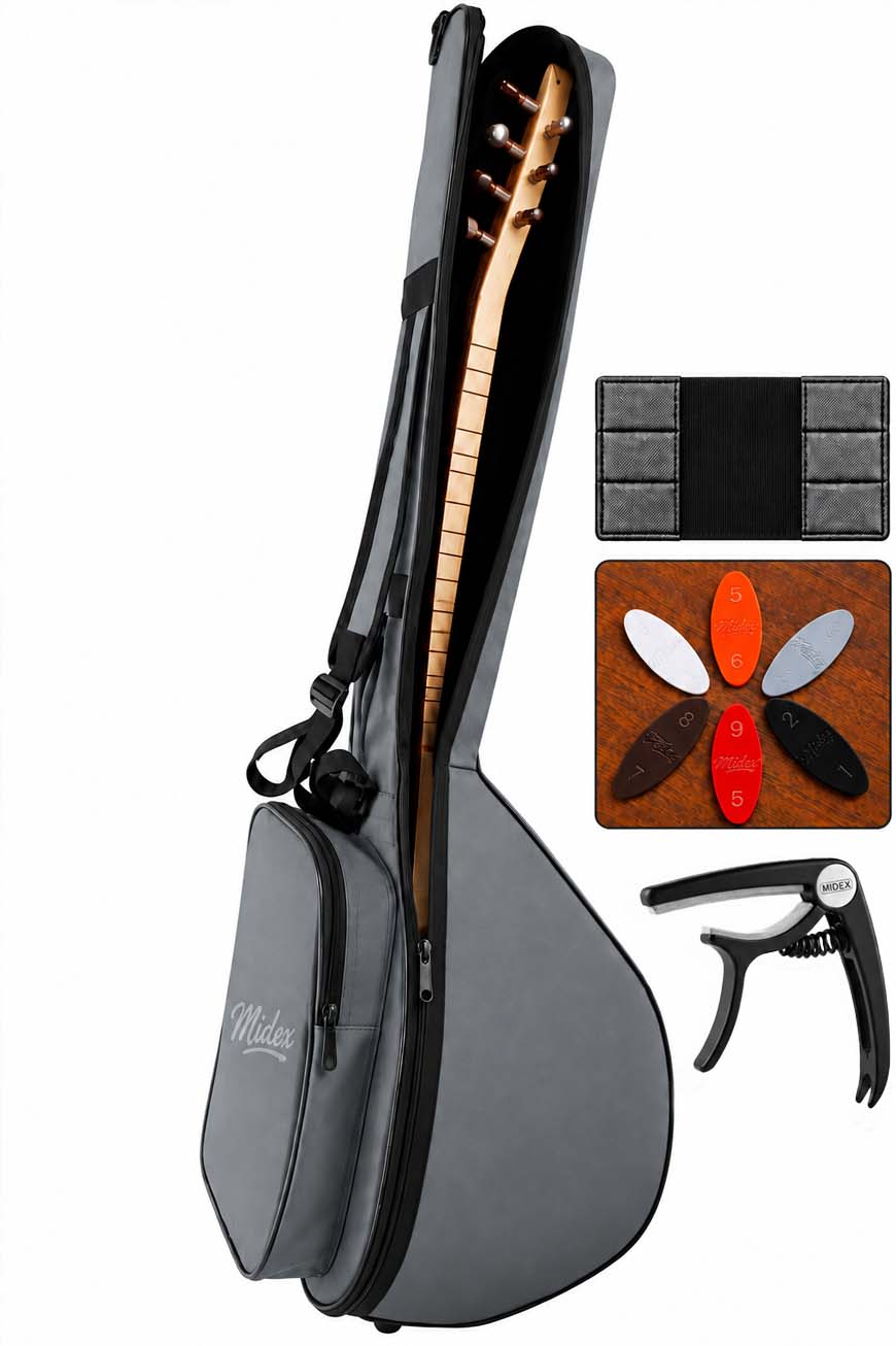 Midex CS-122 Uzun Sap Saz Bağlama Gigbag Çantası Kılıfı Kalın Soft Case (Kapo + 6 Adet Mızrap + Mızrap Cüzdanı)