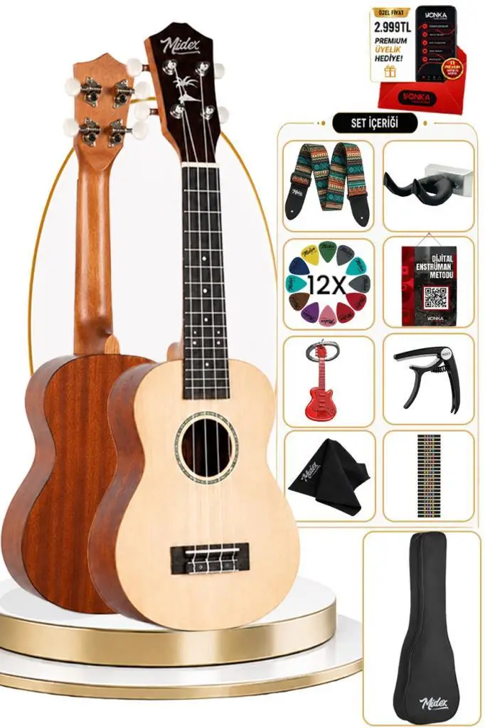 Midex CT-24NT Kaliteli Natural Concert Sedef İşlemeli Ukulele Seti