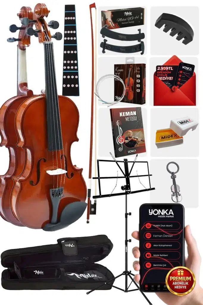 Midex CVL-744-NTYS Profesyonel 4/4 Full Keman Seti (Yastık Nota Sehpası Susturucu Reçine Çanta Tel Yay)