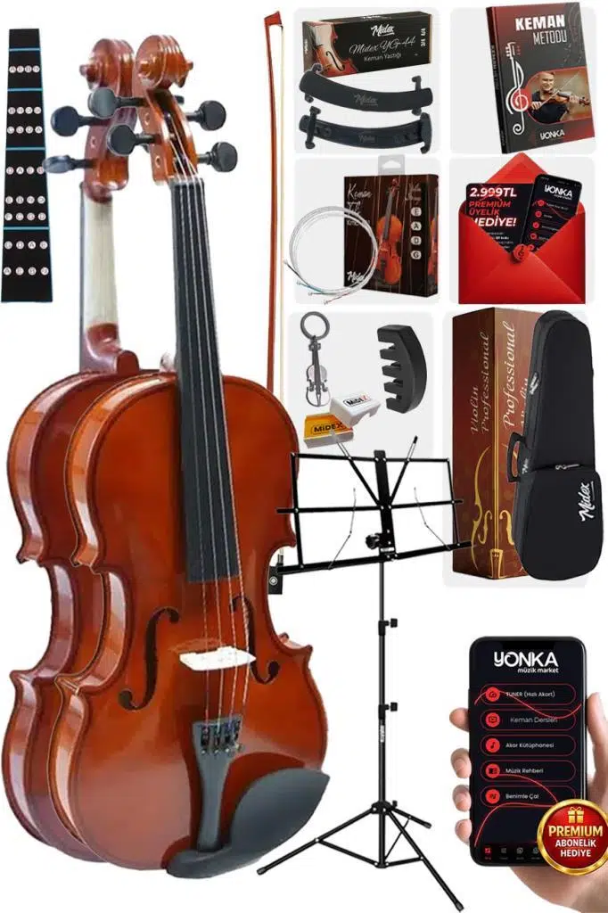 Midex CVL-744-NTYS Profesyonel 4/4 Full Keman Seti (Yastık Nota Sehpası Susturucu Reçine Çanta Tel Yay)