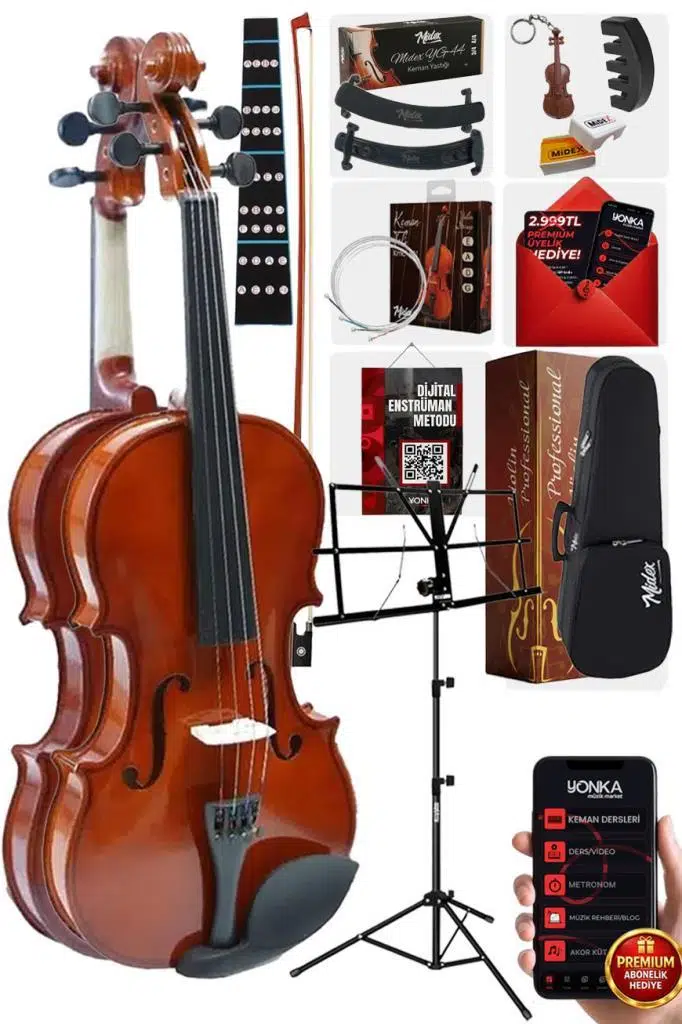 Midex CVL-744-NTYS Profesyonel 4/4 Full Keman Seti (Yastık Nota Sehpası Susturucu Reçine Çanta Tel Yay)