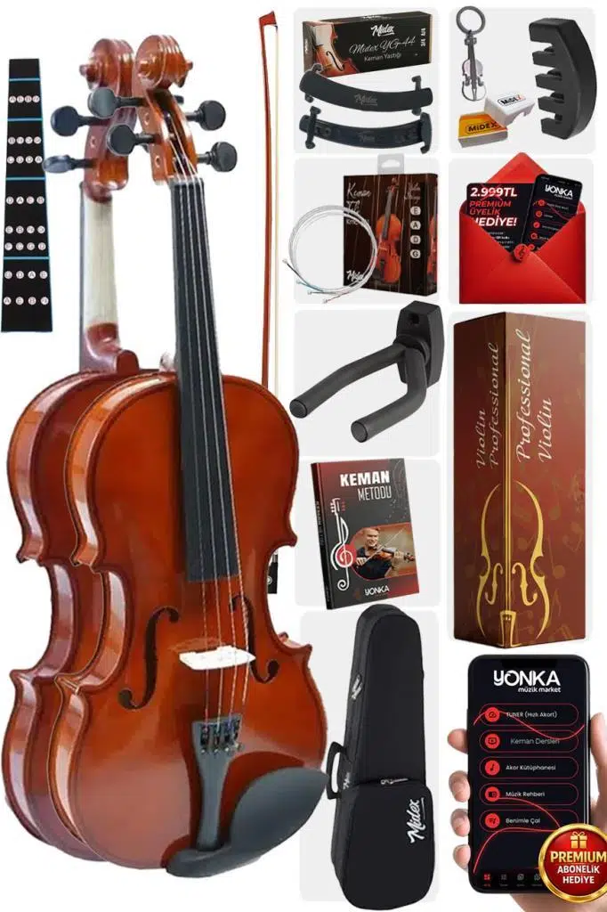 Midex CVL-744-PAK Profesyonel 4/4 Full Keman Seti (Yastık Tel Susturucu Reçine Çanta Yay)
