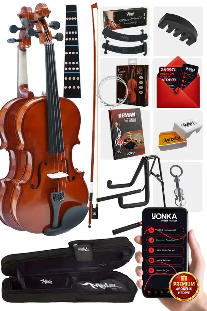 Midex CVL-744-STYS Profesyonel 4/4 Full Keman Seti (Yastık Stand Susturucu Reçine Çanta Tel Yay)