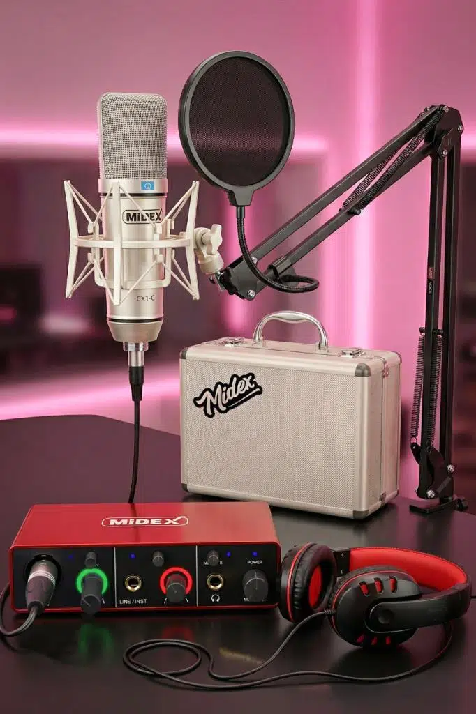 Midex CX1 Mikrofon + GLX-500 PRO Ses Kartı + RS-30 Stereo Kulaklık Kayıt Ekipmanı Midex CX1 Mikrofon + GLX-500 PRO Ses Kartı + RS-30 Stereo Kulaklık Kayıt Ekipmanı