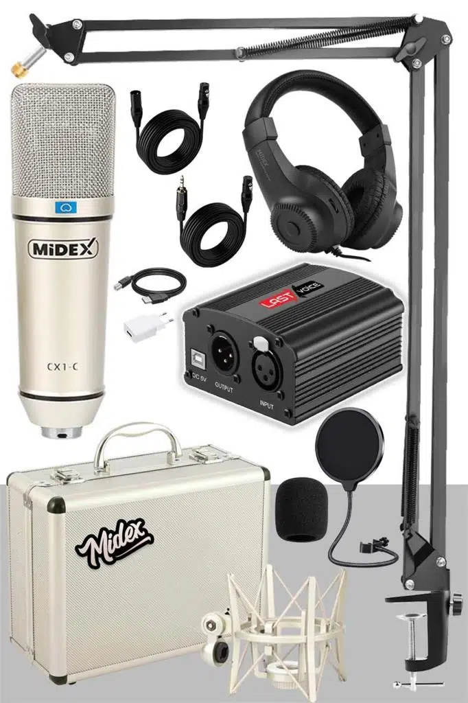 Midex CX1-PH Kondanser Stüdyo Mikrofon Phantom Power Kulaklık Stand Full Set
