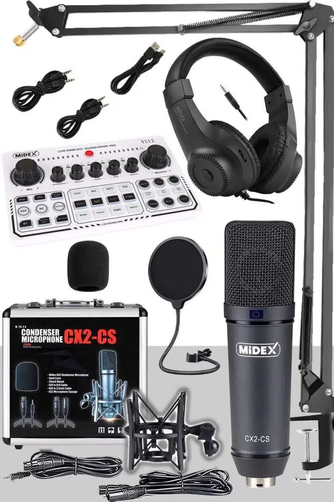 Midex CX2 White Power Paket-6 Stüdyo Mikrofon Şarjlı Ses Kartı Kulaklık Stand (Kayıt ve Canlı Yayın) Midex CX2 White Power Paket-6 Stüdyo Mikrofon Şarjlı Ses Kartı Kulaklık Stand (Kayıt ve Canlı Yayın)