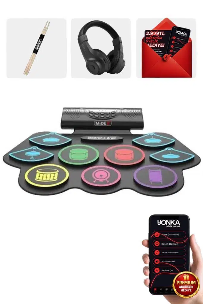 Midex DDX-75 Şarjlı Dijital Davul 9 Ped 2 Ayak Pedalı Bluetooth (Kulaklık Çubuklar Adaptör Full Set)