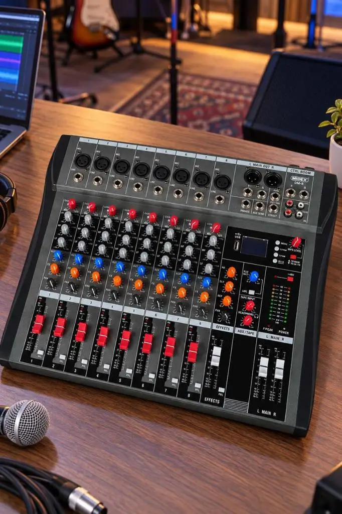 Midex DM-8 Ses Mikseri 8 Kanal 99 DSP Efekt Aux Deck Mixer USB Kayıt Bluetooth