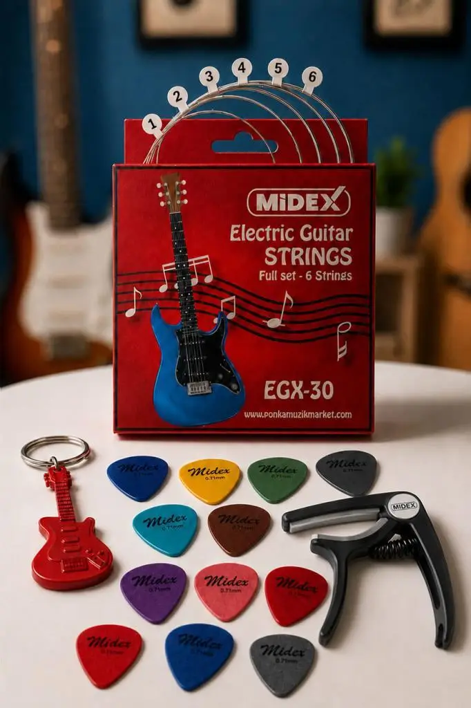 Midex EGX-30C Elektro Gitar Teli Takımı Pena ve Kapo (Capo) Seti