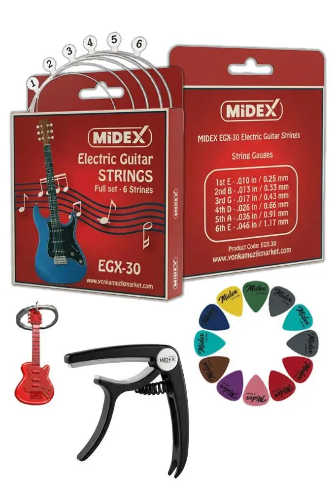 Midex EGX-30C Elektro Gitar Teli Takımı Pena ve Kapo (Capo) Seti