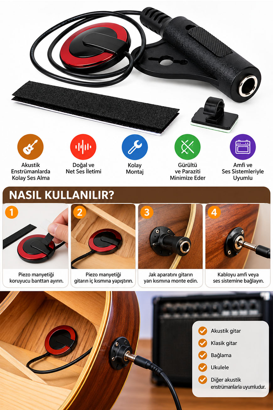 Midex EMK-14 Gitar Bağlama Ukulele Manyetiği Öpücük Mikrofon Piezo Pickup Kristal