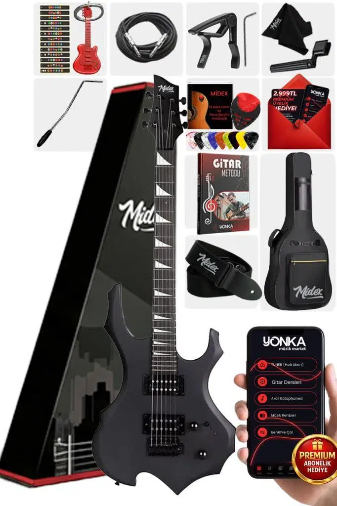 Midex Force Masif Ağaç Üst Seviye Elektro Gitar H-H Profesyonel Full Set Aksesuarlı