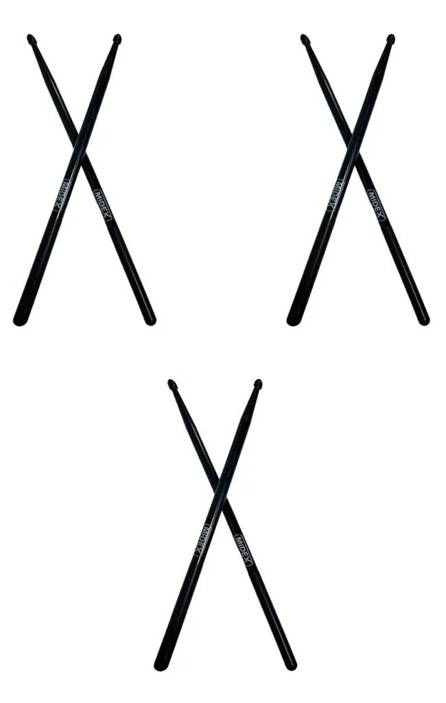 Midex GFK-801BK-3X 5A Bateri Baget Kırılmaz Polyemid Siyah Renk Davul Bageti 5A Drumsticks 6 Adet (3 Çift)