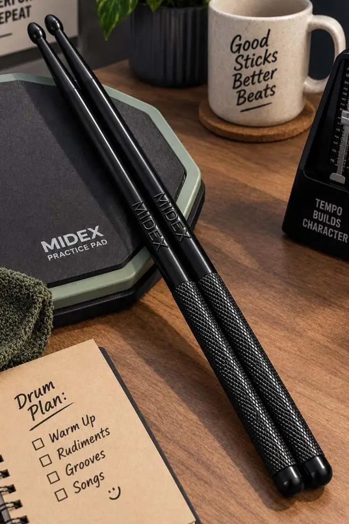 Midex GFK-801BK 5A Bateri Baget Kırılmaz Polyemid Siyah Renk Davul Bageti 5A Drumsticks