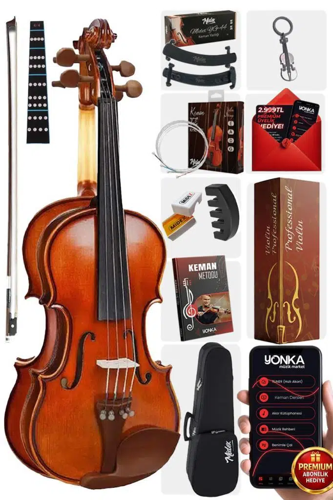 Midex GLA-124 Profesyonel Üst Kalite GÜL Ağacı Keman 4/4 Tam Boy (Yastık Yedek Tel Susturucu Çanta Yay Reçine)