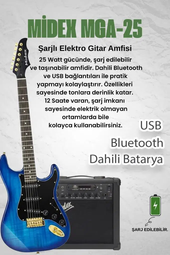 Midex GLC-40BL-50AMP Elektro Gitar Seti 50 WATT Şarjlı BT Amfi Full SET