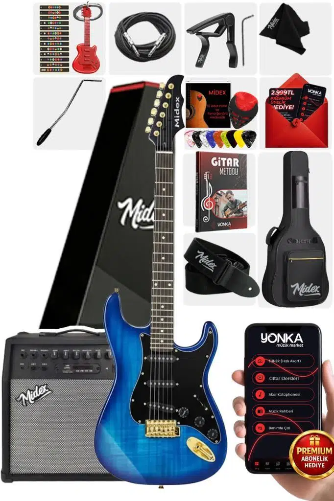 Midex GLC-40BL-50AMP Elektro Gitar Seti 50 WATT Şarjlı BT Amfi Full SET Midex GLC-40BL-50AMP Elektro Gitar Seti 50 WATT Şarjlı BT Amfi Full SET