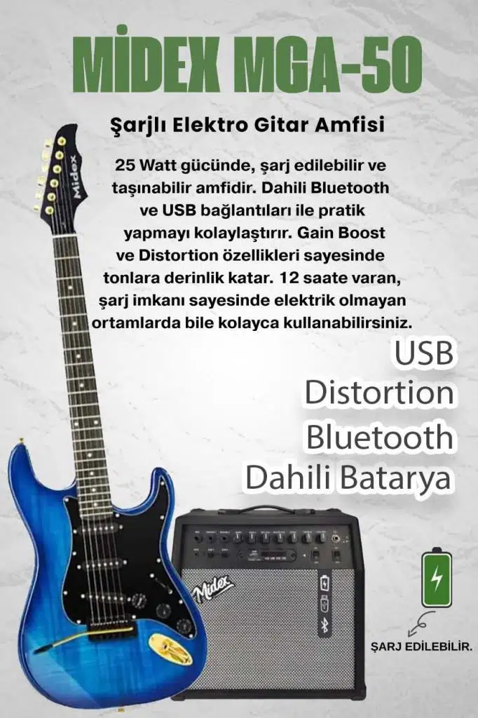 Midex GLC-40BL-50AMP Elektro Gitar Seti 50 WATT Şarjlı BT Amfi Kulaklık ve Full SET Midex GLC-40BL-50AMP Elektro Gitar Seti 50 WATT Şarjlı BT Amfi Kulaklık ve Full SET