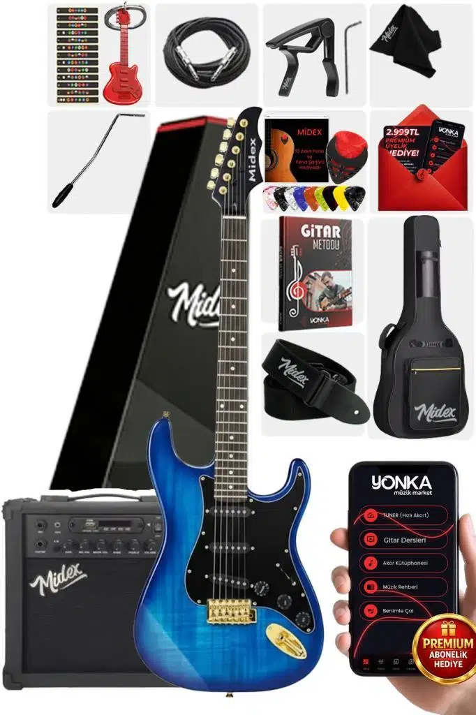 Midex GLC-40BL-AMP Elektro Gitar Seti 25 WATT Şarjlı BT Amfi Kulaklık ve Full SET