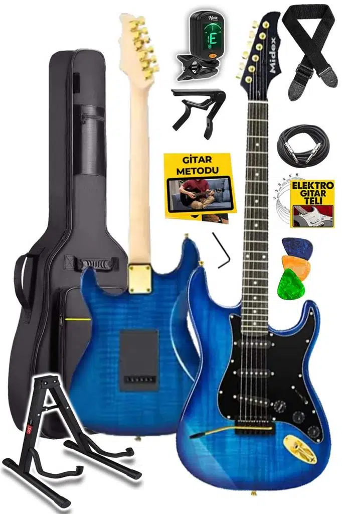 Midex GLC-40BL Profesyonel Elektro Gitar Mavi (Gigbag Askı Capo Pena Kablo)