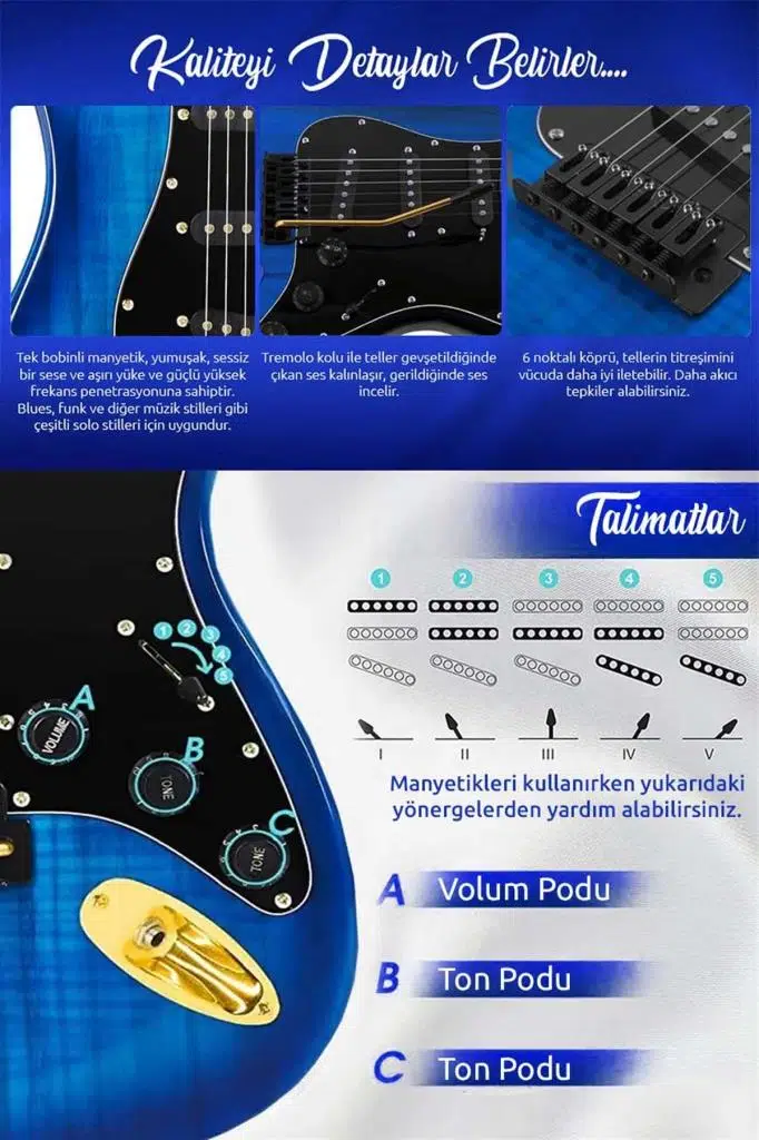 Midex GLC-40BL Profesyonel Elektro Gitar Mavi (Gigbag Askı Capo Pena Kablo)