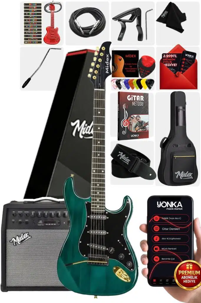Midex GLC-40GR-50AMP Elektro Gitar Seti 50 WATT Şarjlı BT Amfi Full SET Midex GLC-40GR-50AMP Elektro Gitar Seti 50 WATT Şarjlı BT Amfi Full SET