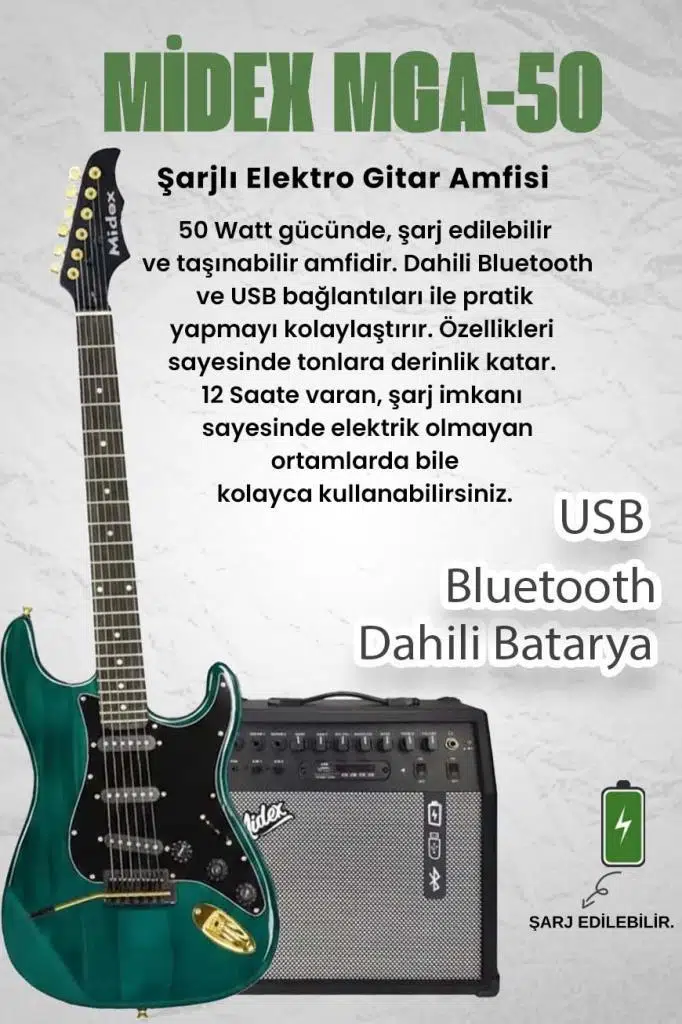 Midex GLC-40GR-50AMP Elektro Gitar Seti 50 WATT Şarjlı BT Amfi Full SET Midex GLC-40GR-50AMP Elektro Gitar Seti 50 WATT Şarjlı BT Amfi Full SET
