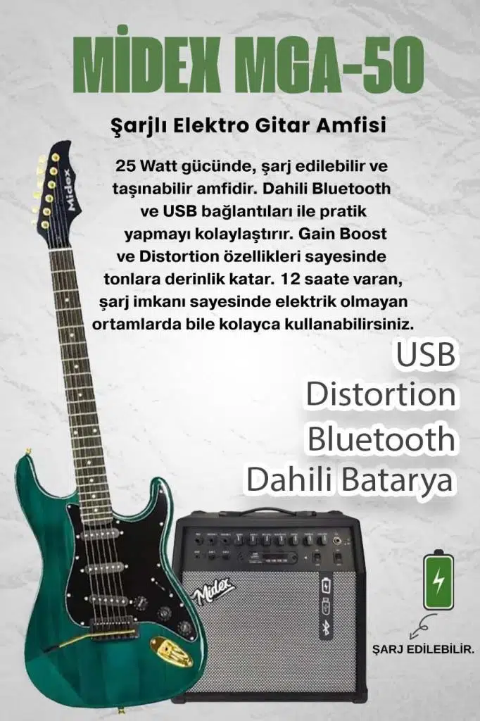 Midex GLC-40GR-50AMP Elektro Gitar Seti 50 WATT Şarjlı BT Amfi Kulaklık ve Full SET Midex GLC-40GR-50AMP Elektro Gitar Seti 50 WATT Şarjlı BT Amfi Kulaklık ve Full SET