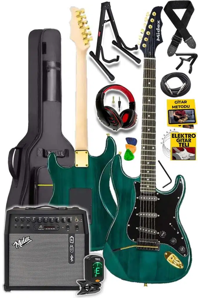 Midex GLC-40GR-50AMP Elektro Gitar Seti 50 WATT Şarjlı BT Amfi Full SET