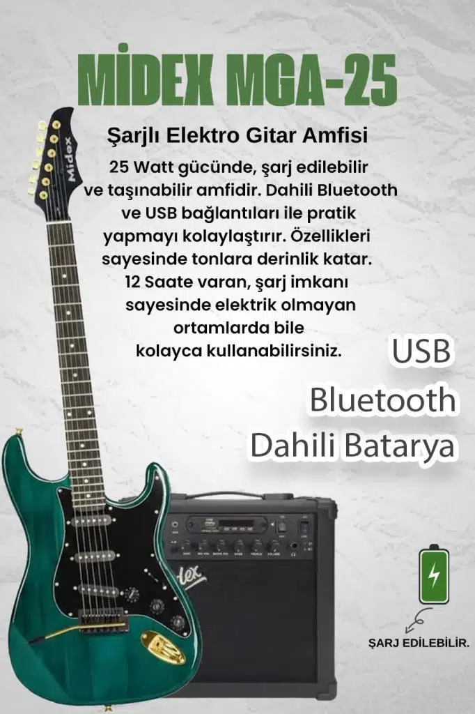 Midex GLC-40GR-AMP Elektro Gitar Seti 25 WATT Şarjlı BT Amfi Full SET