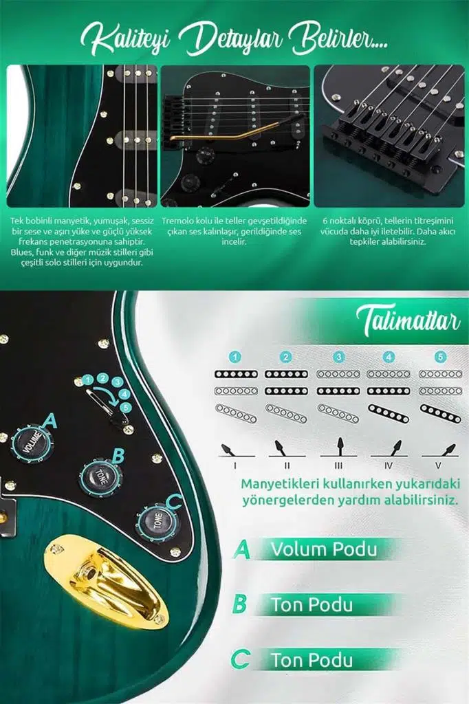 Midex GLC-40GR Profesyonel Elektro Gitar Yeşil (Gigbag Askı Capo Pena Kablo)